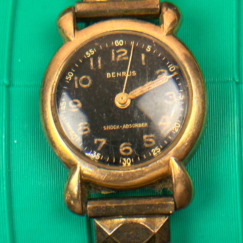 Benrus Vintage Mechanical Watch Black Dial Gold Tone Speidel Band Parts Repair